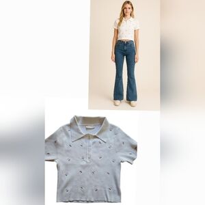 Altar’d State Embroidered Floral Knit Polo Crop Top White ~Medium
